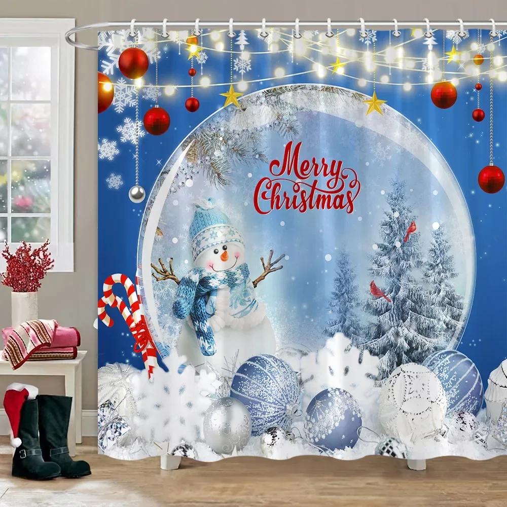 Christmas Gift Theme Shower Curtains Snowman Christmas Tree Mascot Ball Happy New Year Washable Home Bath Curtain Bathroom Decor