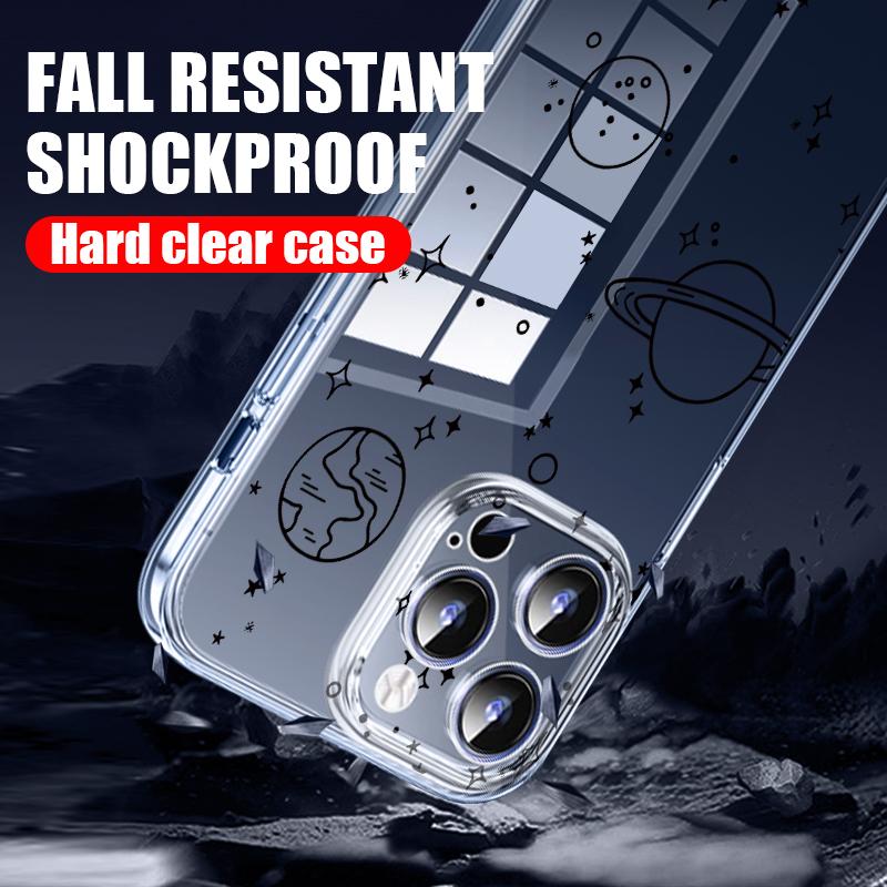 Planet Astronaut Pattern Hard PC Clear Case For iPhone 16 Pro Max 15 Pro 14 13 12 11 Transparent Shockproof Slim Phone Cover