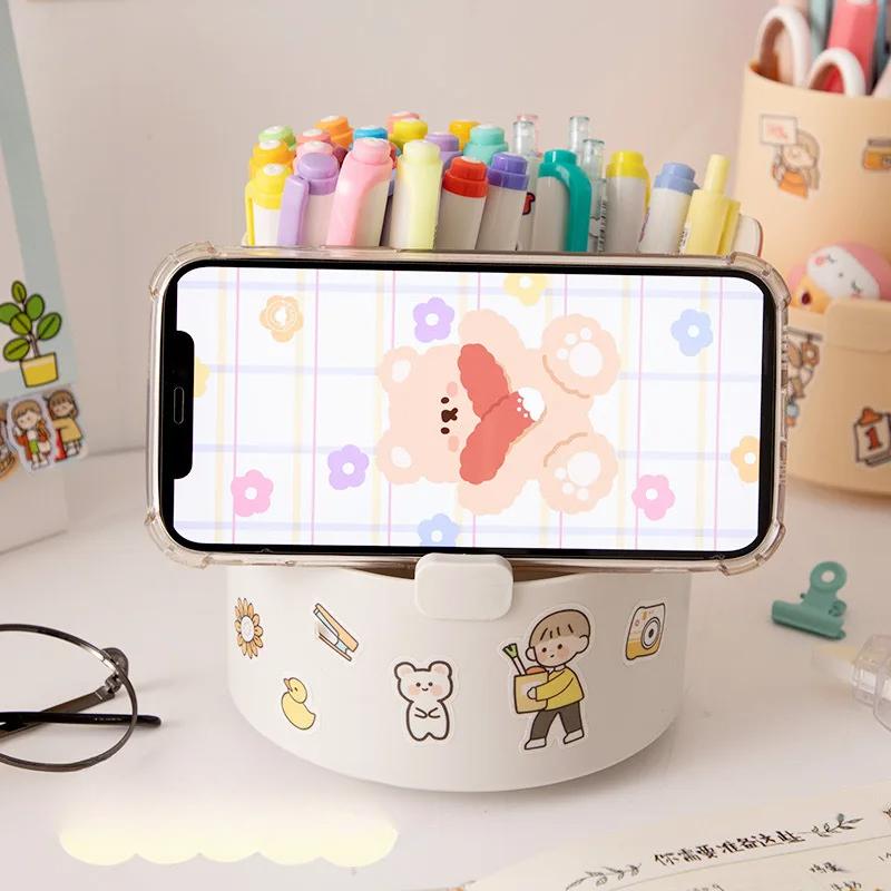 Kawaii Plastic Multifunctional Desktop Organizer Pen Holder Mobile Phone Stand Holder Rotating Pen Holder School Stationery