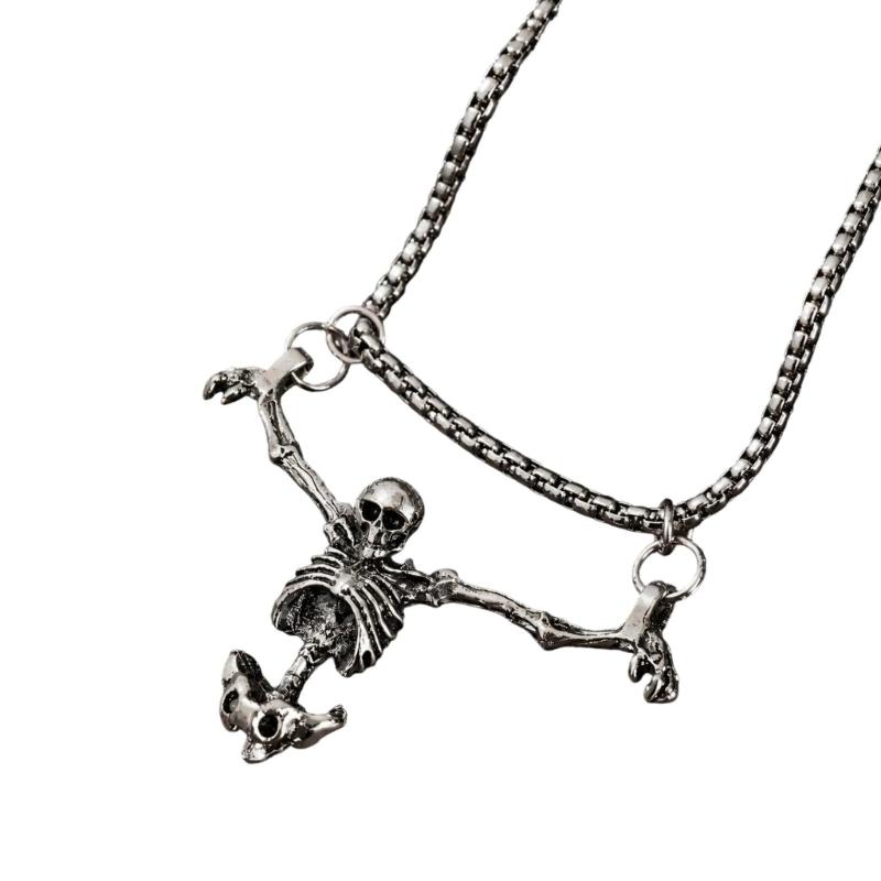 Skeleton Pendant Necklace with Three-Dimensional Full-Body Design, Prominent Skull, and Silver-Tone Distressed Finish for Streetwear Looks