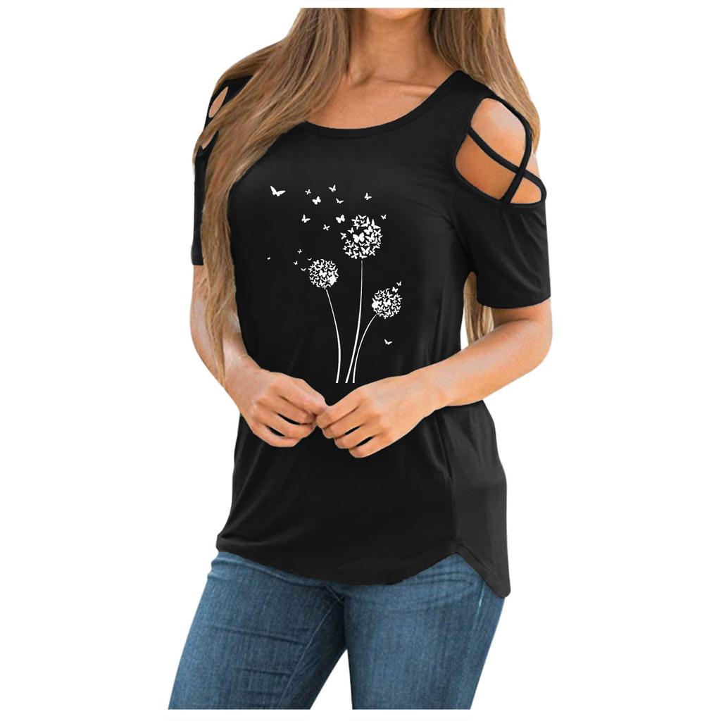 Women Tie-dye  Fashion Printed Colorful  Short Sleeve Strappy Cold Shoulder Top