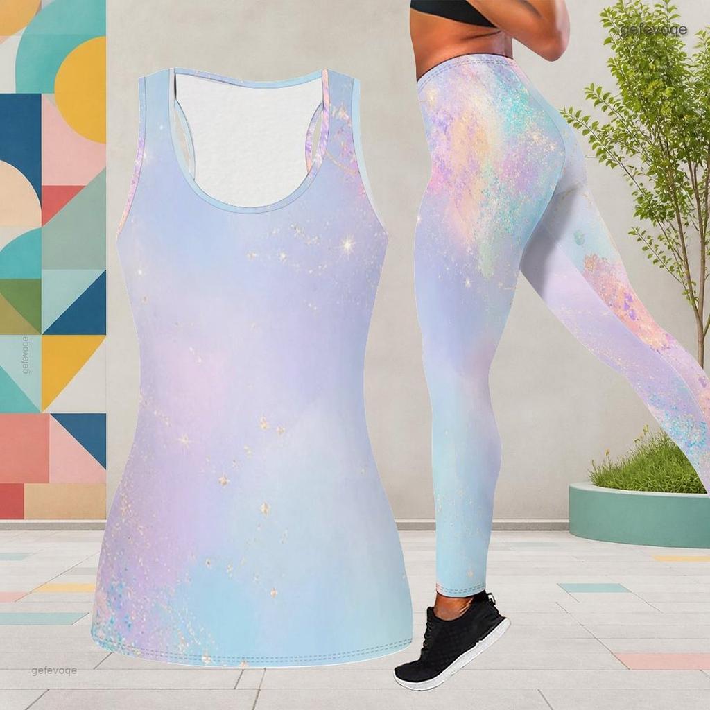 Women Plus Size Black Blue Purple Two Piece Set Scoop Neck Sleeveless Printed Longline Tank Top Fitted Leggings
