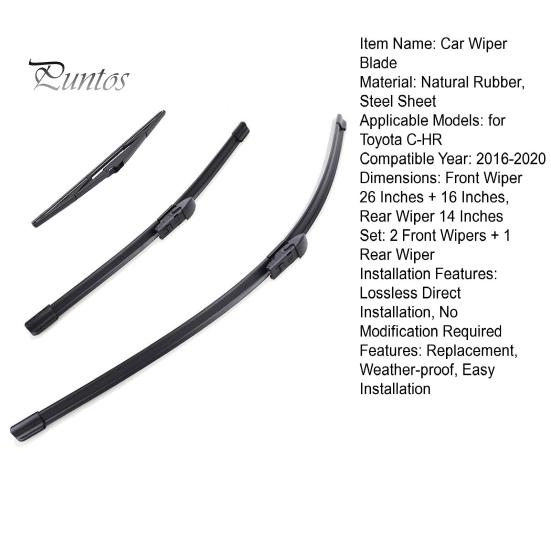 Natural Rubber Wiper Blades 3Pcs/Set 26/16/11-Inch Windshield for Toyota C-HR 2016-2020, All Weather High Performance Car Wipers Front Rear
