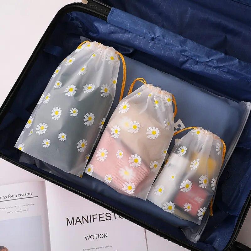5pcs Waterproof Daisy Storage Bag with Drawcord Cuffs  Large Capacity Clothes Shoes Organizer Portable Towel Makeup Toiletry Bags