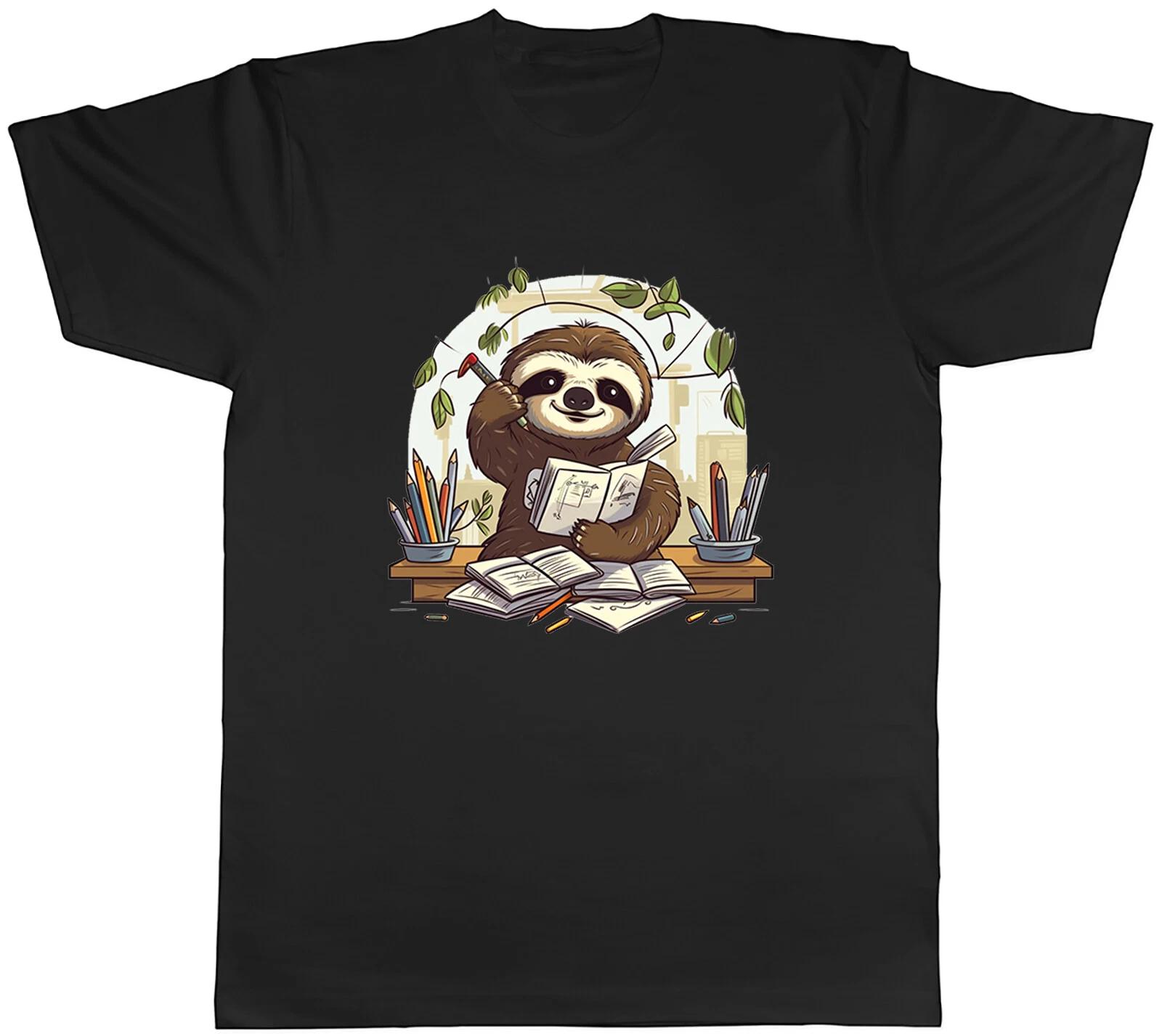 Back to School Mens T-Shirt Sloth Books Pens Stationary Unisex Tee Gift XS