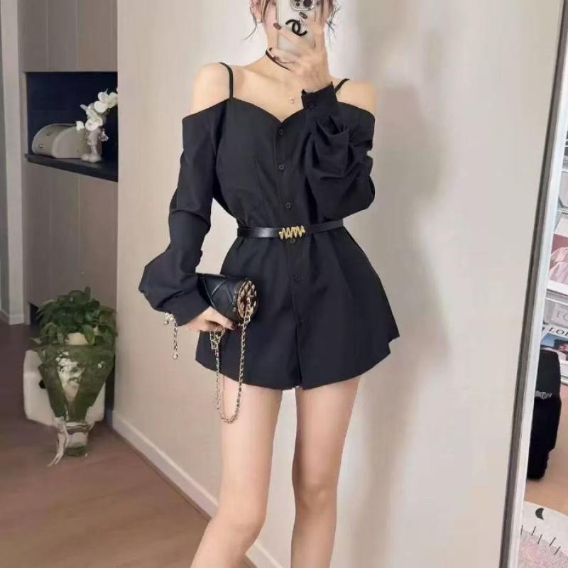 Early autumn new fashion foreign style design sense one-word shoulder short dress niche personality plaid shirt short skirt
