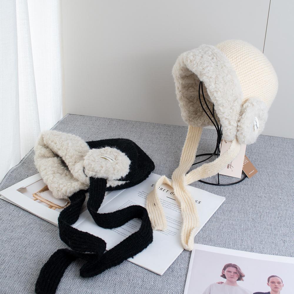 Gorro de lana con orejeras rojas, grueso y de felpa, para mujer, otoño e invierno, circunferencia de cabeza grande, cálido, tejido, sombrero Lei Feng de Año Nuevo
