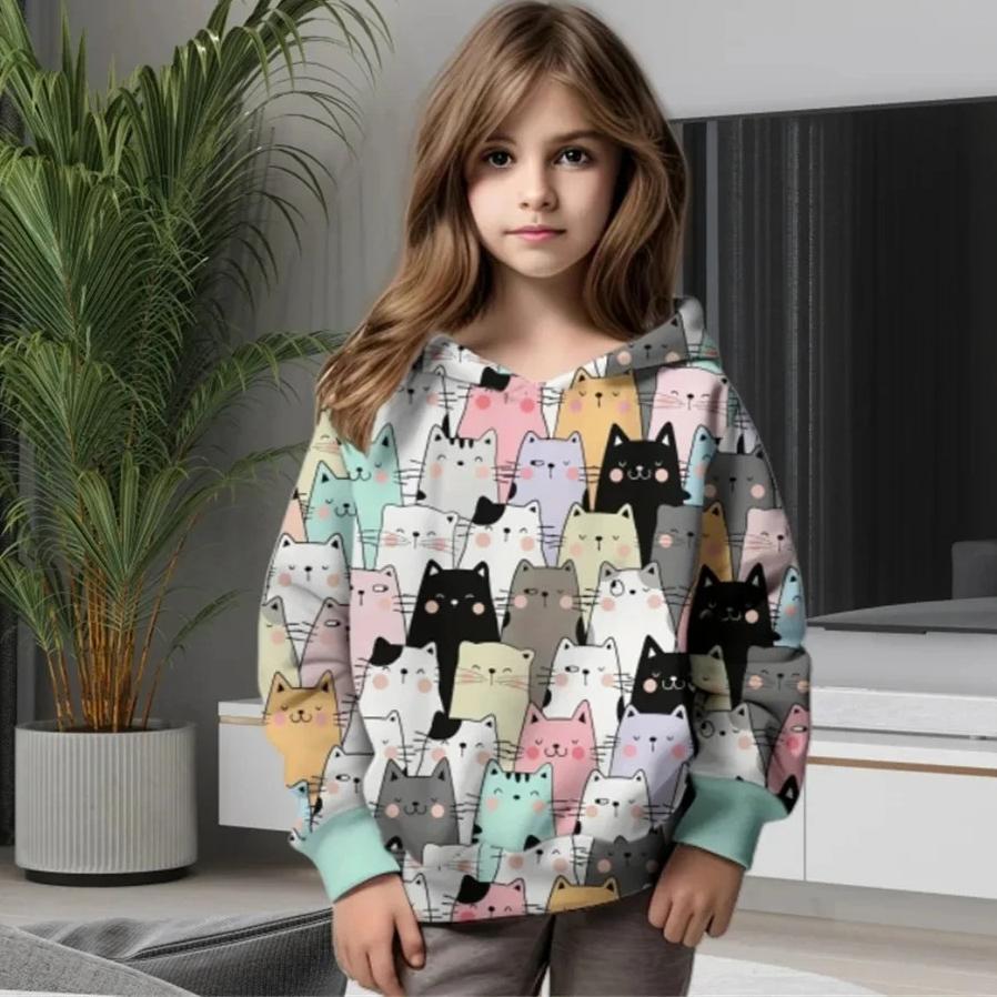 Autumn 3D Cute Cat Printed Hoodies Fashionable Casual Sports Long Sleeved Children's Girl Hooded Sweatshirts