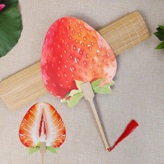 Fruit Print Fan with Wooden Long Handle Portable Lightweight Outdoor Travel Camping