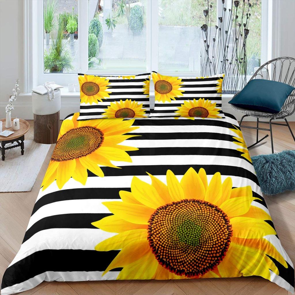 Vintage Sonnenblumen Bettbezug Set Buchstaben Bettwäsche Set Buchstaben und Sonnenblumen Gedruckt Retro Mädchen Queen Size 2/3tlg. Bettdeckenbezug