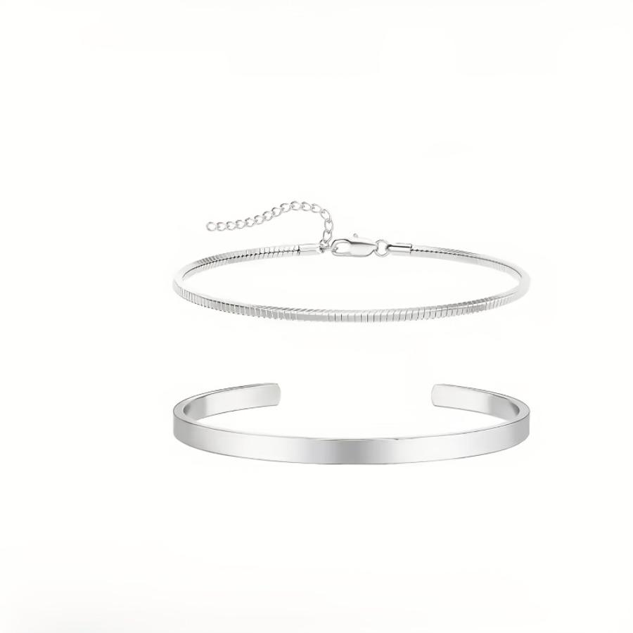 Men's Fashion Jewelry Set - Stainless Steel Stackable Bracelet, Delicate Bangle, Snake Chain, Square Link, Cuban Link Combo
