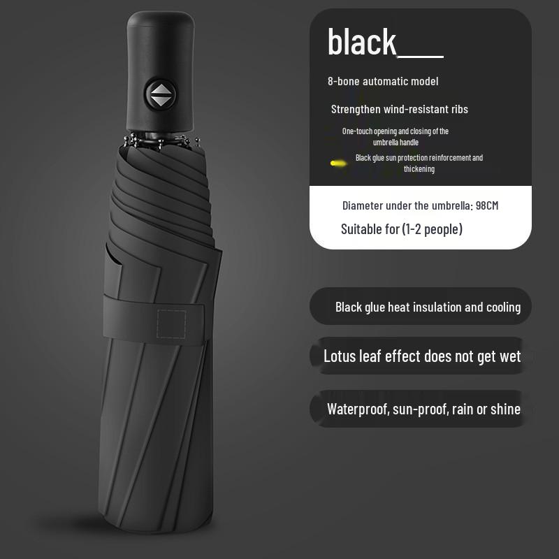 

Черный виниловый восьмиспицевый автоматический зонт - двойного назначения для дождя или солнца, легкий солнцезащитный козырек.