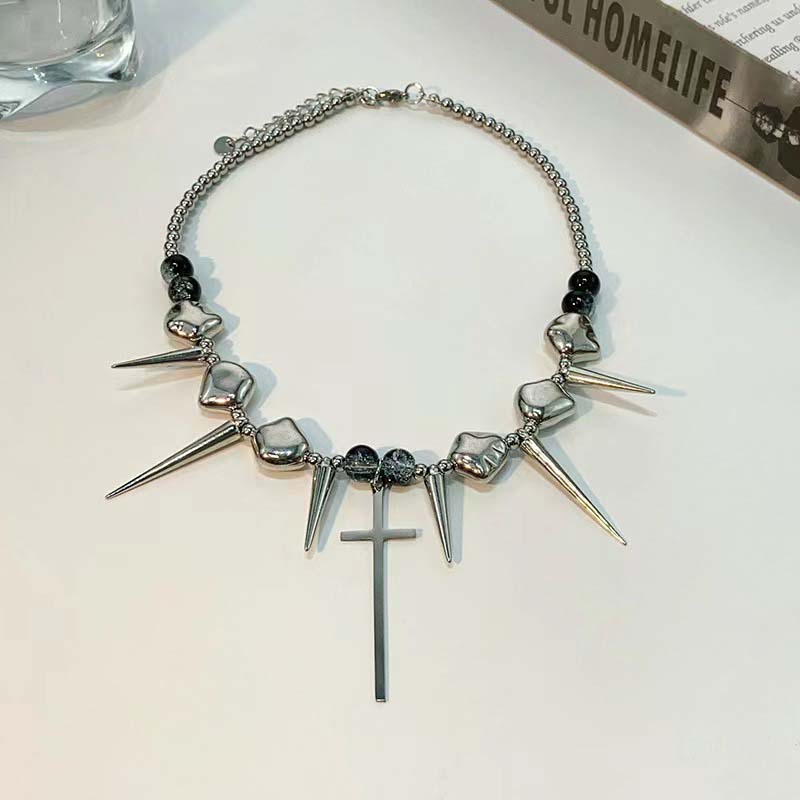 Retro Silver Color Rivet Cross Pendant Necklaces for Women Men Punk Hip Hop Long Spike Tassel Choker Necklaces Y2K Jewelry Gifts