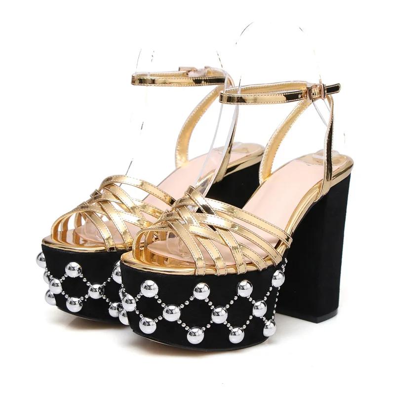 

Fashion Luxury Brand Women s Summer Fashion Metal Platform Sandals Large 34-42 Super High Heel Thick Bottom Rivet Party Women s Shoes 39