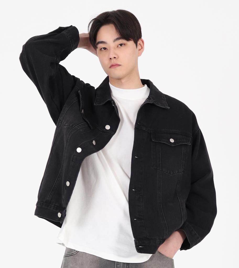 Button Seoul Oversized Washed Vintage Denim Jacket (Black)