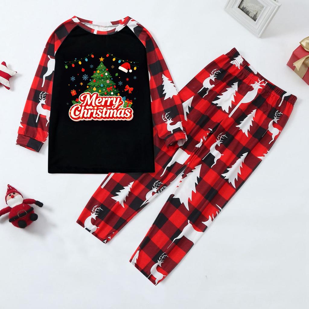 Family Matching Christmas Pajama Set with Long Sleeve Raglan Top and Pants for Women Men and Kids
