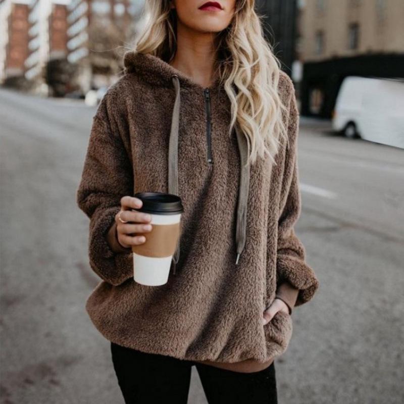 European and American Women's Plush Hooded Sweatshirt - Long-Sleeved, Loose Fit, Fleece Pullover for Autumn and Winter