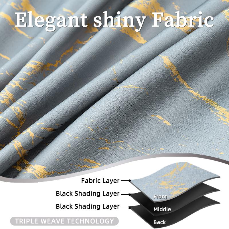 2pcs Gold Foil Printed Marble Grey Blackout Curtains , for Bedroom Kitchen Living Room, Home Decor, Room Decor