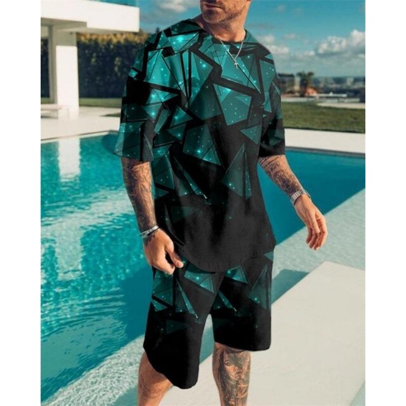 Fashionable 3D Printed Sports Shorts Set for Men Summer Casual Loose Fit T-Shirt And Shorts Beachwear round Neck Short Sleeve