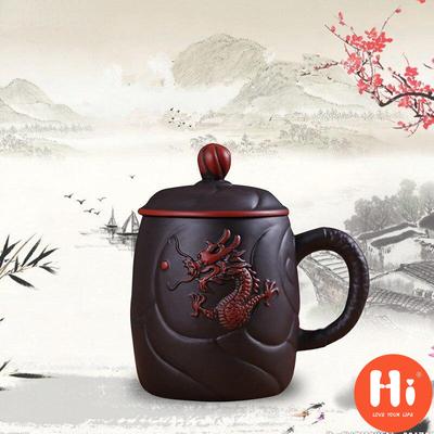 Hi Purple Clay Embossed Dragon Teacups Retro Tea Mug With Lid and Infuser Handmade Water Cup Drinkware Gifts