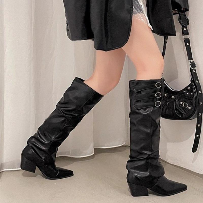 New Style Women'S High Quality Slip On Women'S Boots Autumn Pointed Toe Solid Buckle Decoration Mid-Calf Mid Heel Western Boots