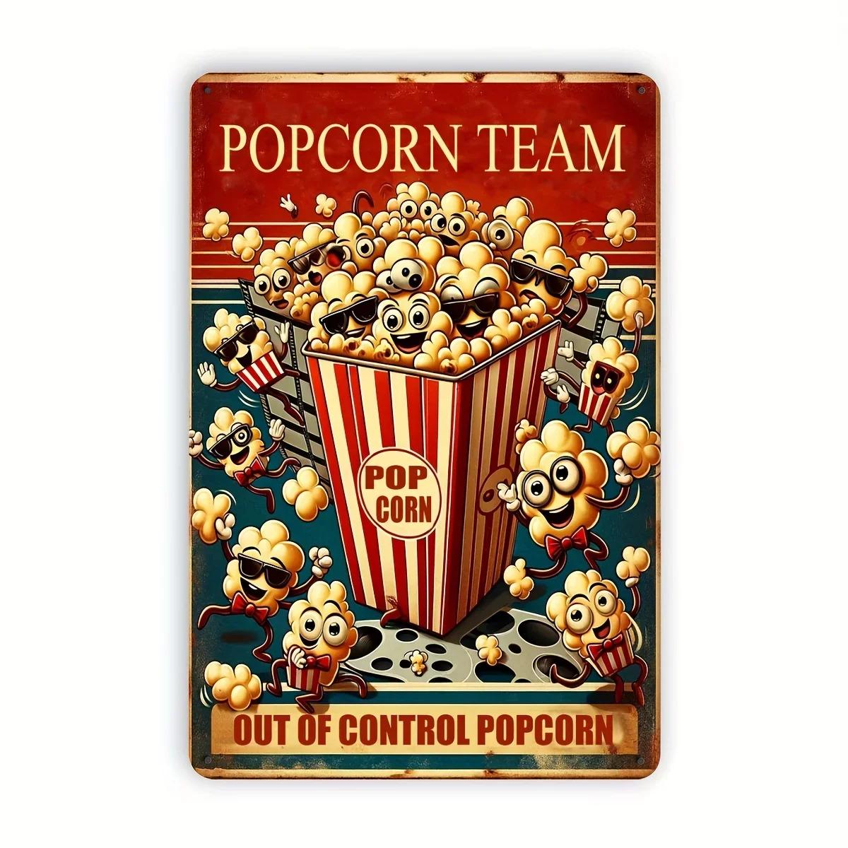 1pcPopcorn Team metal logo - charming retro wall art with cartoon popcorn characters perfect for home perfect for room decor 20x30cm