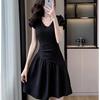 French Retro V-neck Bubble Sleeve Dress for Women's Summer New Pleated Waist and Thin A-shaped Short Skirt