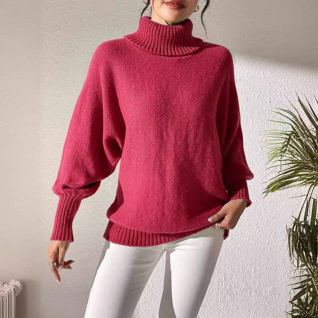 Women's Bottoming Shirt Autumn And Winter Women's Solid Color Simple Bat Sleeve Top Turtleneck Lapel Sweater