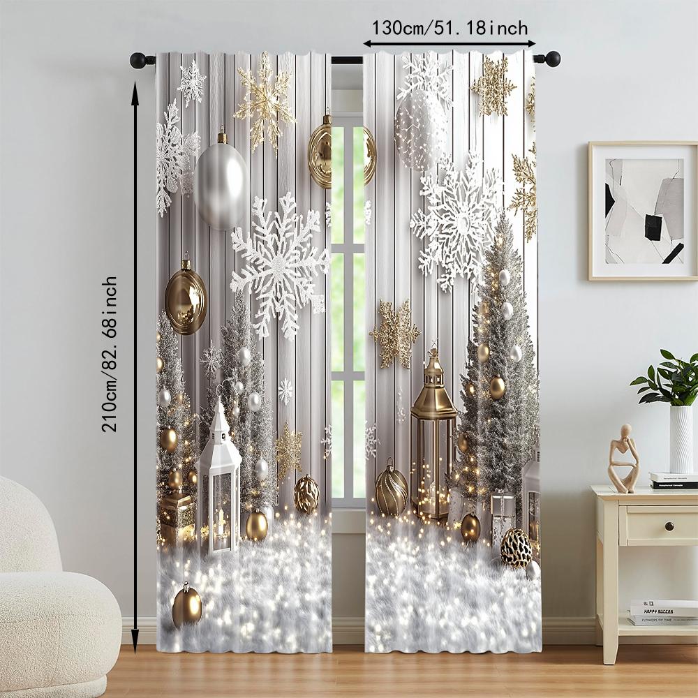 2Pcs Christmas Tree And Snowflake Window Curtain Polyester Material With Rod Pocket Landscapes Print For Bedroom And Living Room