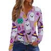 Women's Halloween Print Long Sleeve V-Neck T-Shirt with Decorative Buttons Casual Pullover Top