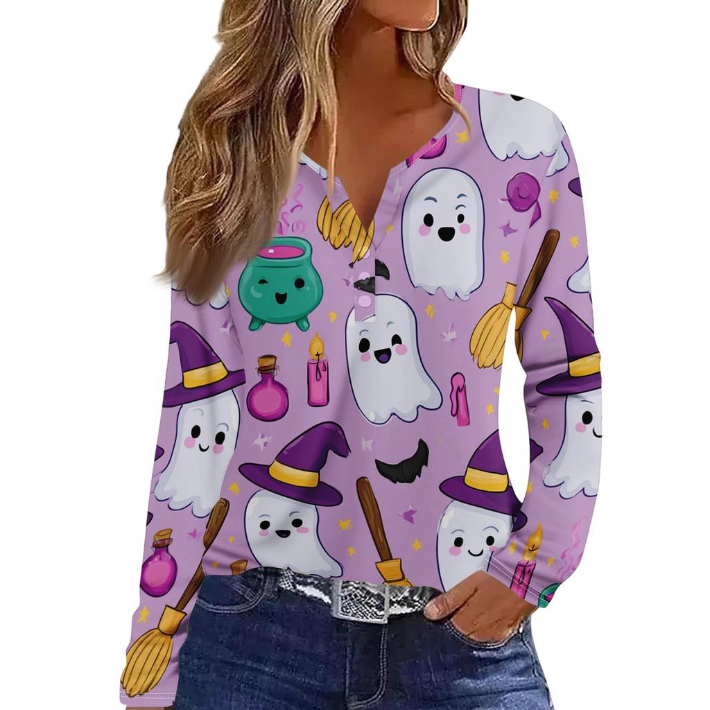 Women's Halloween Print Long Sleeve V-Neck T-Shirt with Decorative Buttons Casual Pullover Top