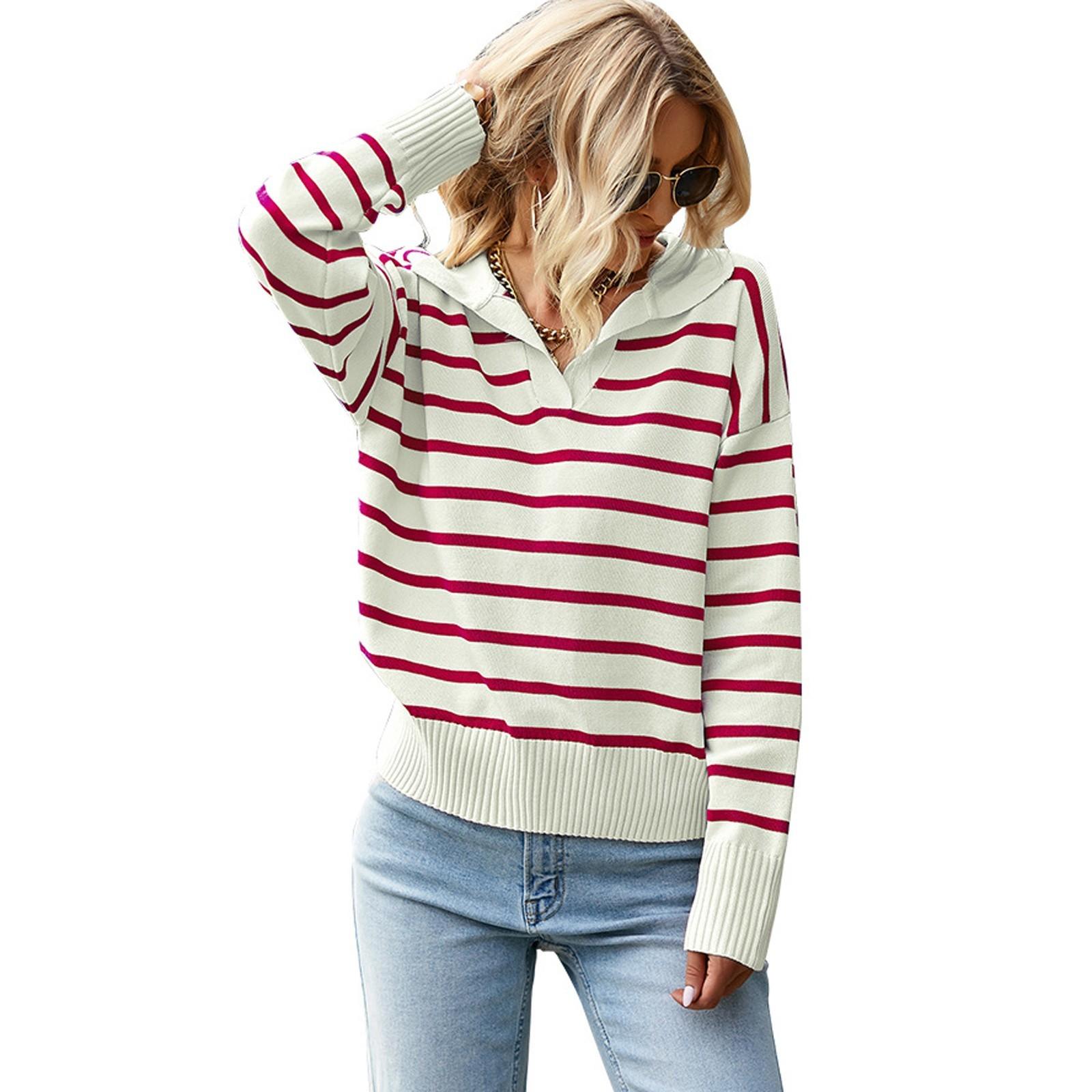 

Женский повседневный модный удобный пуловер с лацканами в полоску с длинным рукавом уличный тренд вязаный свитер XL