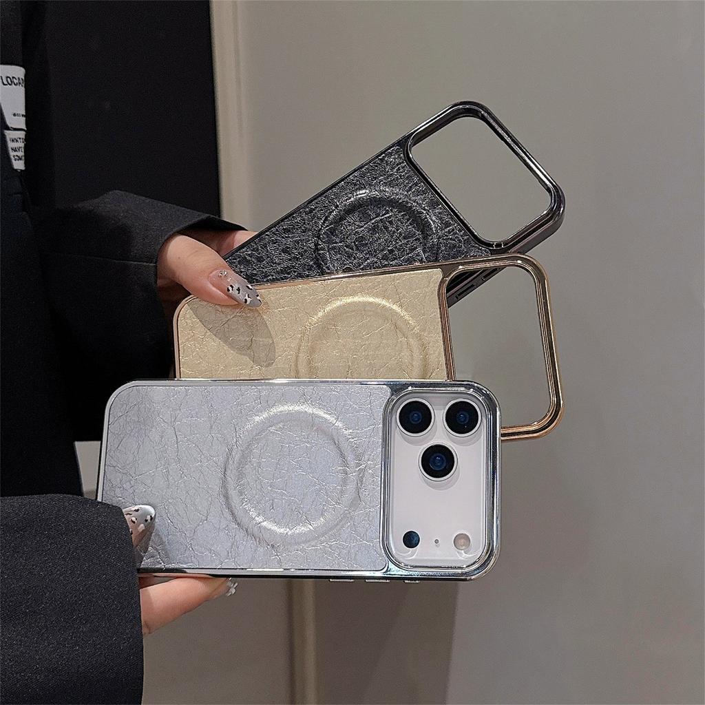 For iPhone 17 Pro Max Magnetic Case Electroplated Crackle Litchi Texture PU TPU PC Phone Back Cover