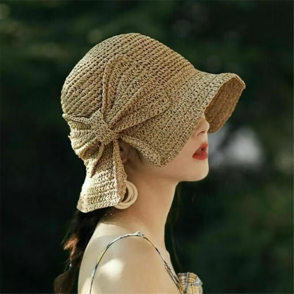 1 Pcs New Sun Sunshade Hat for Women Folding Bow Japanese Artistic Resort Beach Straw Weaving Hat