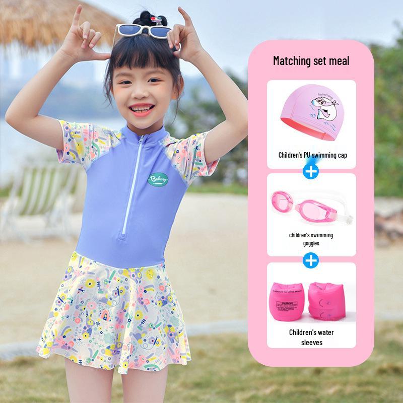 2024 Girls' Cute Skirt-Style One-Piece Swimsuit: Short Sleeve, Sun Protection, Quick-Dry. Sizes for Young To Middle-Aged Kids.