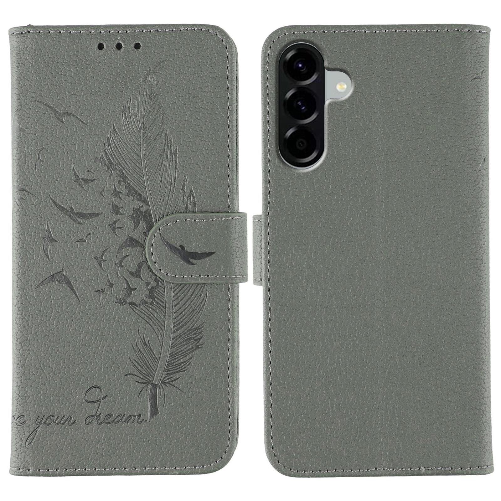 

For Samsung Galaxy A56 5G Case Feather Imprint PU Leather Wallet Phone Cover Grey