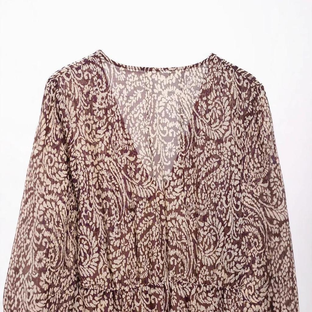 2025 Spring Women's European & American Style Layered Print Midi Dress