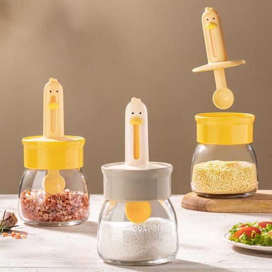Seasoning Jar Glass Spice Dispenser Quantitative Countertop Kitchen Canister Sugar Bowl Condiment Bottle with Telescopic Spoon