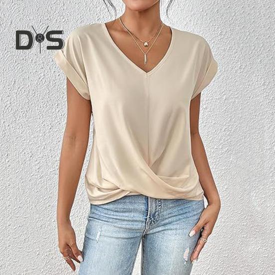 Summer Women Short Sleeve V Neck Shirts Solid Color Casual Breathable Top Versatile Fashion Blouse for Jeans Skirts