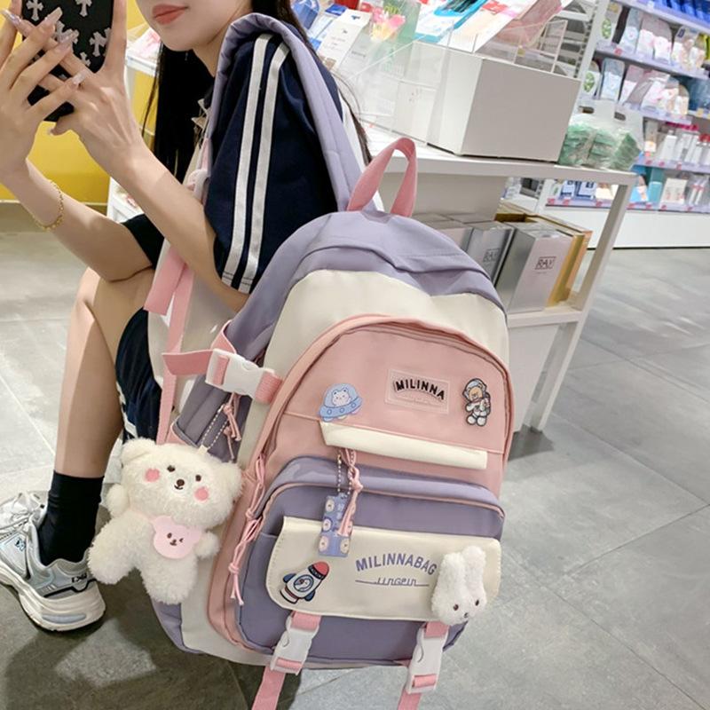 2025 New Color-Block Backpack Korean Style High School Middle School Student Double Shoulder Bag Fashion Backpack for Women Large Capacity Laptop Bag
