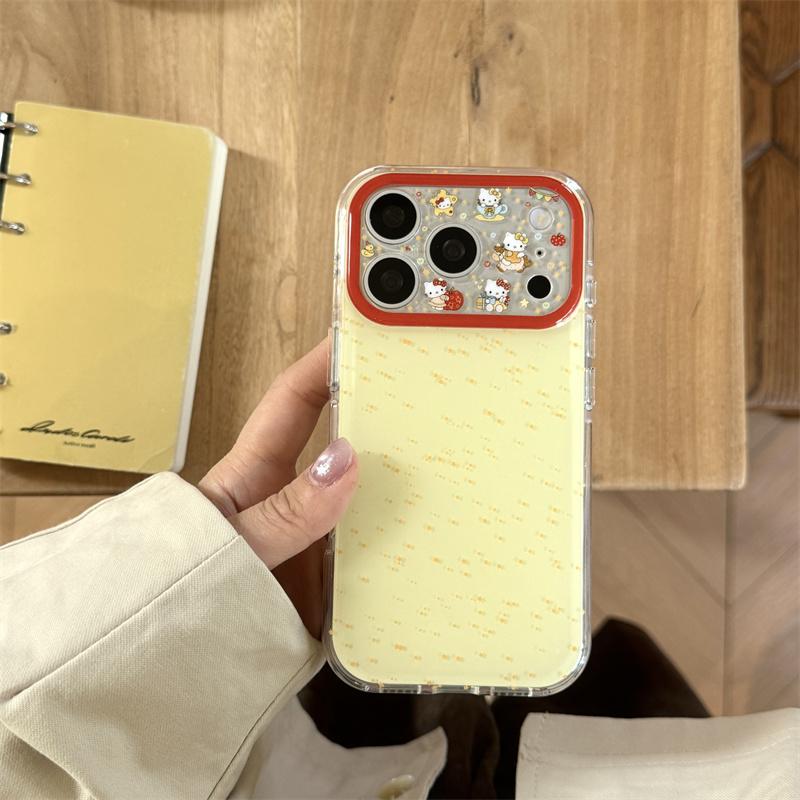 

Милый Желтый Глиттерный Чехол-Кошка Для iPhone 17 Pro 16 15 14 Pro Max с Красной Рамкой Ударопрочный 16 17 15pro Защитный Чехол Cas For iPhone 17ProMax