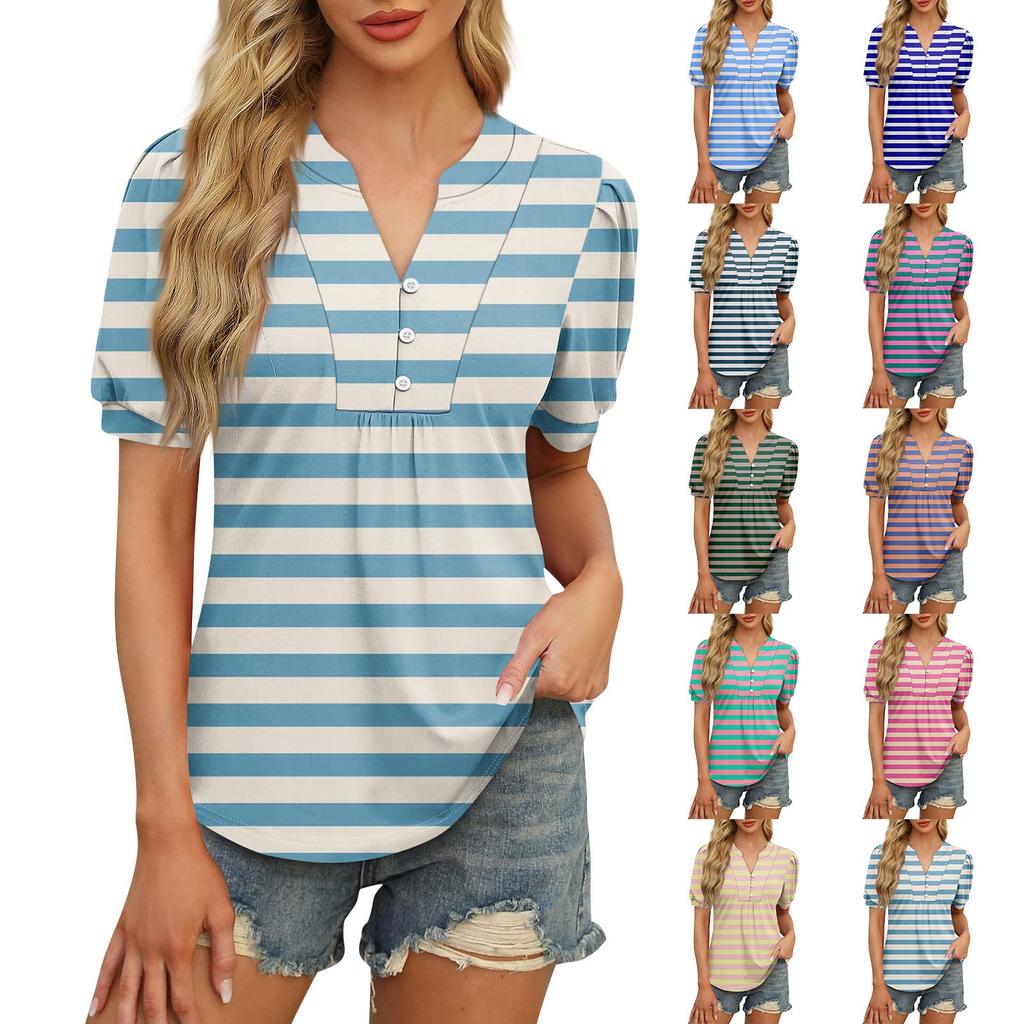 Womens Tops Puff Short Sleeve Shirts Casual V-Neck Summer Tops Button Down Pleated T-Shirts Loose Fit Tunic Blouses