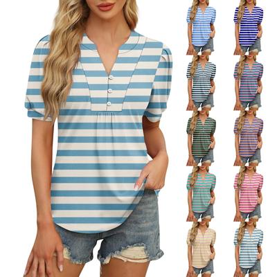 Damen-Tops, Puffärmel, kurzärmelig, lässig, V-Ausschnitt, Sommer-Tops, Button-Down-Plissee-T-Shirts, lockere Passform, Tunika-Blusen