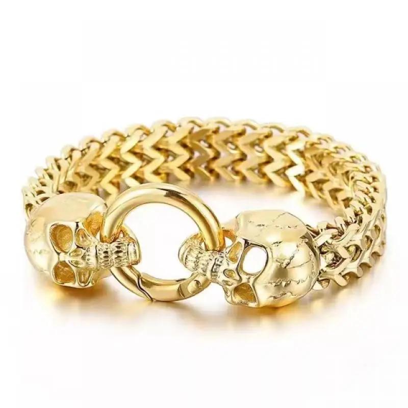 Stainless Steel Gothic Double Skull Chain Bracelet with Ring Clasp for Men Biker Punk Rock Party Jewelry золотой