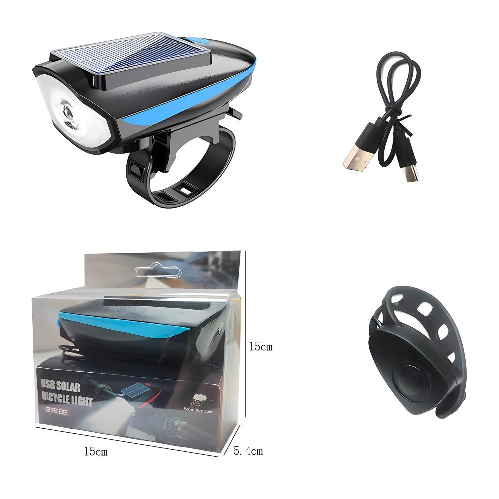 Solar Rechargeable Bicycle Headlight 250 Lumens Bike Horn Alarm for Outdoor Riding