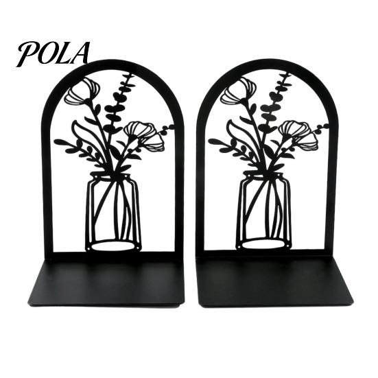L-shaped Bookend 1 Pair Flower Metal Bookends, Decorative Vase Book Ends for Non-slip Shelves, Black Holder Stopper Home Office Reading Room