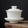 Suet jade white porcelain drawing Phnom Penh Sancai cover bowl teacup Kung Fu tea set tea bowl pure white large warm brewing tea bowl