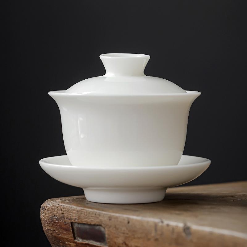 Suet jade white porcelain drawing Phnom Penh Sancai cover bowl teacup Kung Fu tea set tea bowl pure white large warm brewing tea bowl