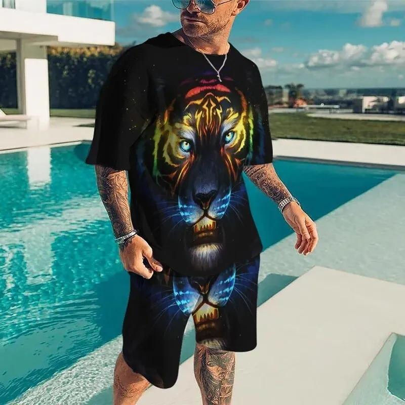 Men Cool Lion Tiger T-shirt Set 3D Animal  Print Casual Style T-shirt Shorts Set Summer New Fashion Street Clothing High-quality