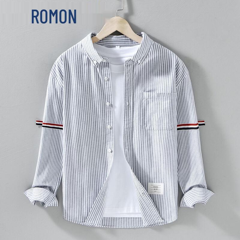 ROMON Men s Casual Oxford Stripe Long Sleeve Shirt XL
